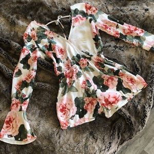 Pink Rose Long Sleeve Romper with V-neckline